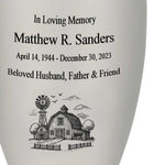 Farmer Pewter Adult Cremation Urn - Tribute Wreath® - Pro Personalization - Burial Vault Option
