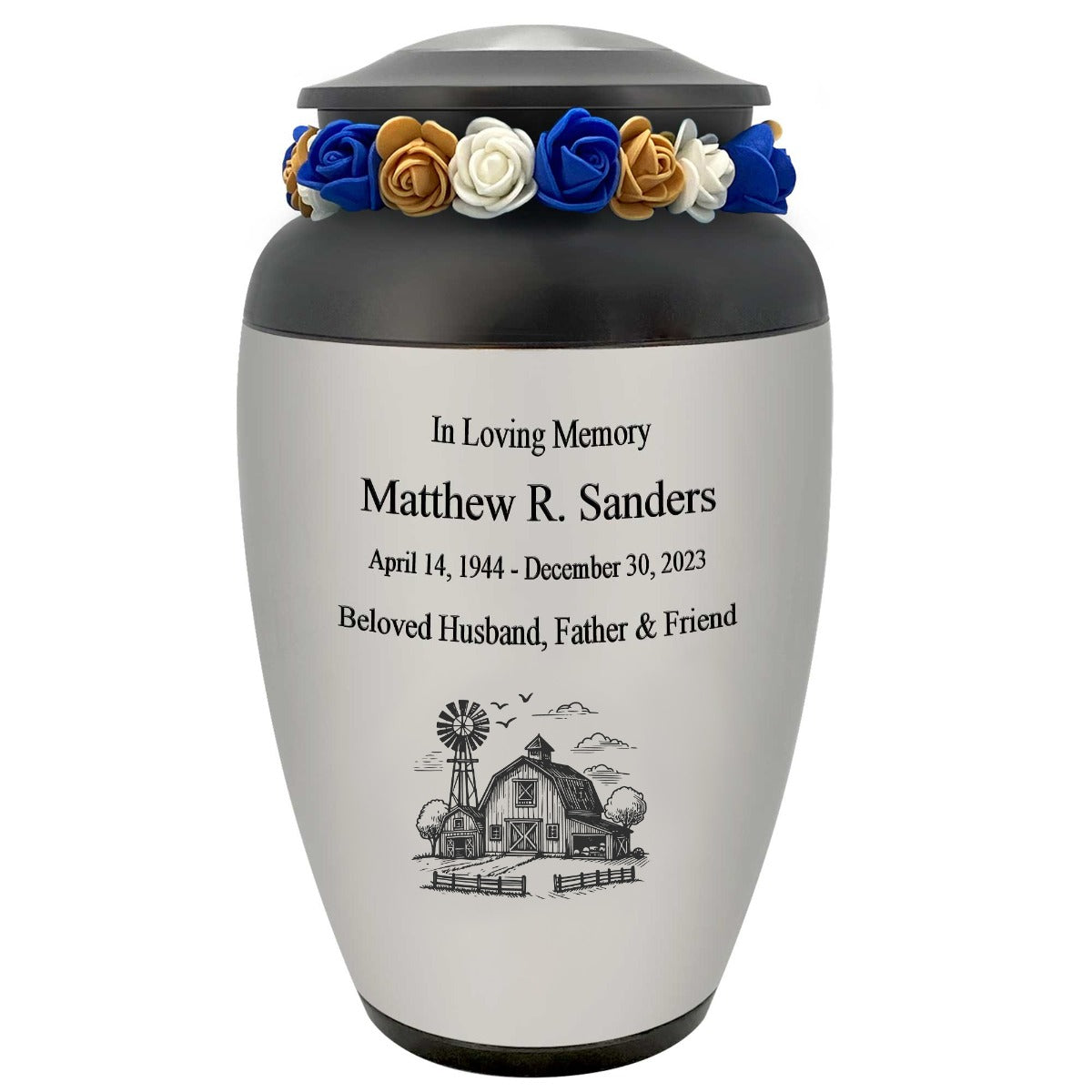 Farmer Pewter Adult Cremation Urn - Tribute Wreath® - Pro Personalization - Burial Vault Option