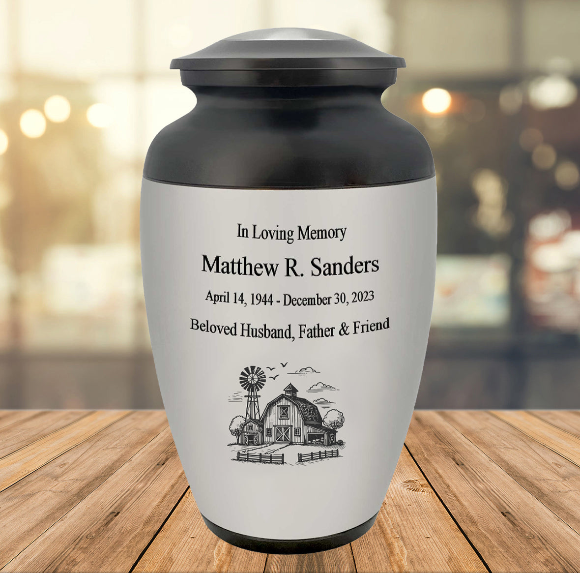 Farmer Pewter Adult Cremation Urn - Tribute Wreath® - Pro Personalization - Burial Vault Option