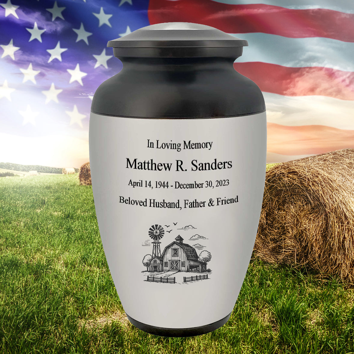 Farmer Pewter Adult Cremation Urn - Tribute Wreath® - Pro Personalization - Burial Vault Option