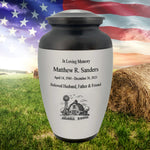 Farmer Pewter Adult Cremation Urn - Tribute Wreath® - Pro Personalization - Burial Vault Option