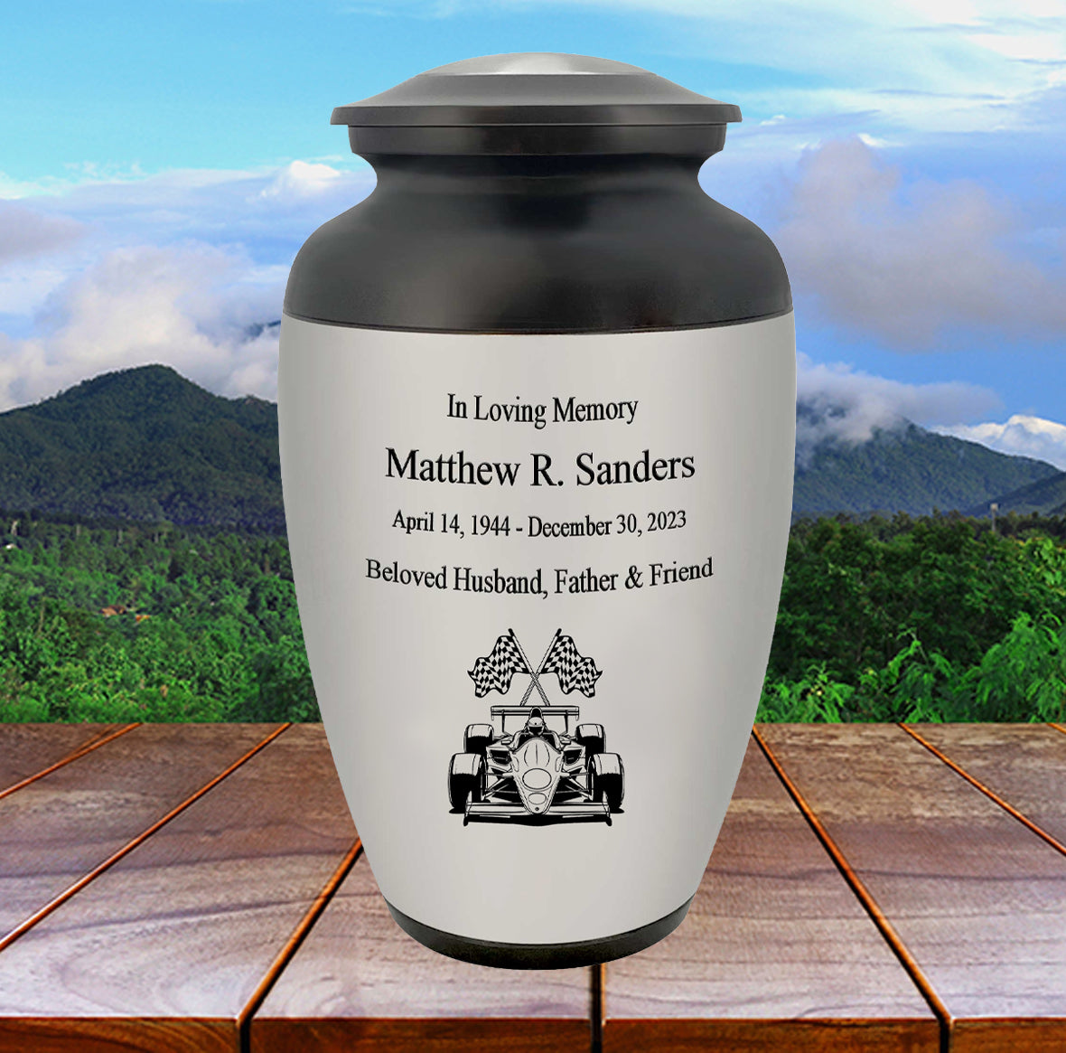 Formula One Pewter Adult Cremation Urn - Tribute Wreath™ - Pro Personalization - Burial Vault Option