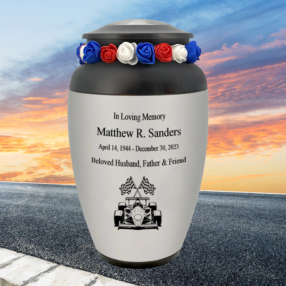 Formula One Pewter Adult Cremation Urn - Tribute Wreath™ - Pro Personalization - Burial Vault Option