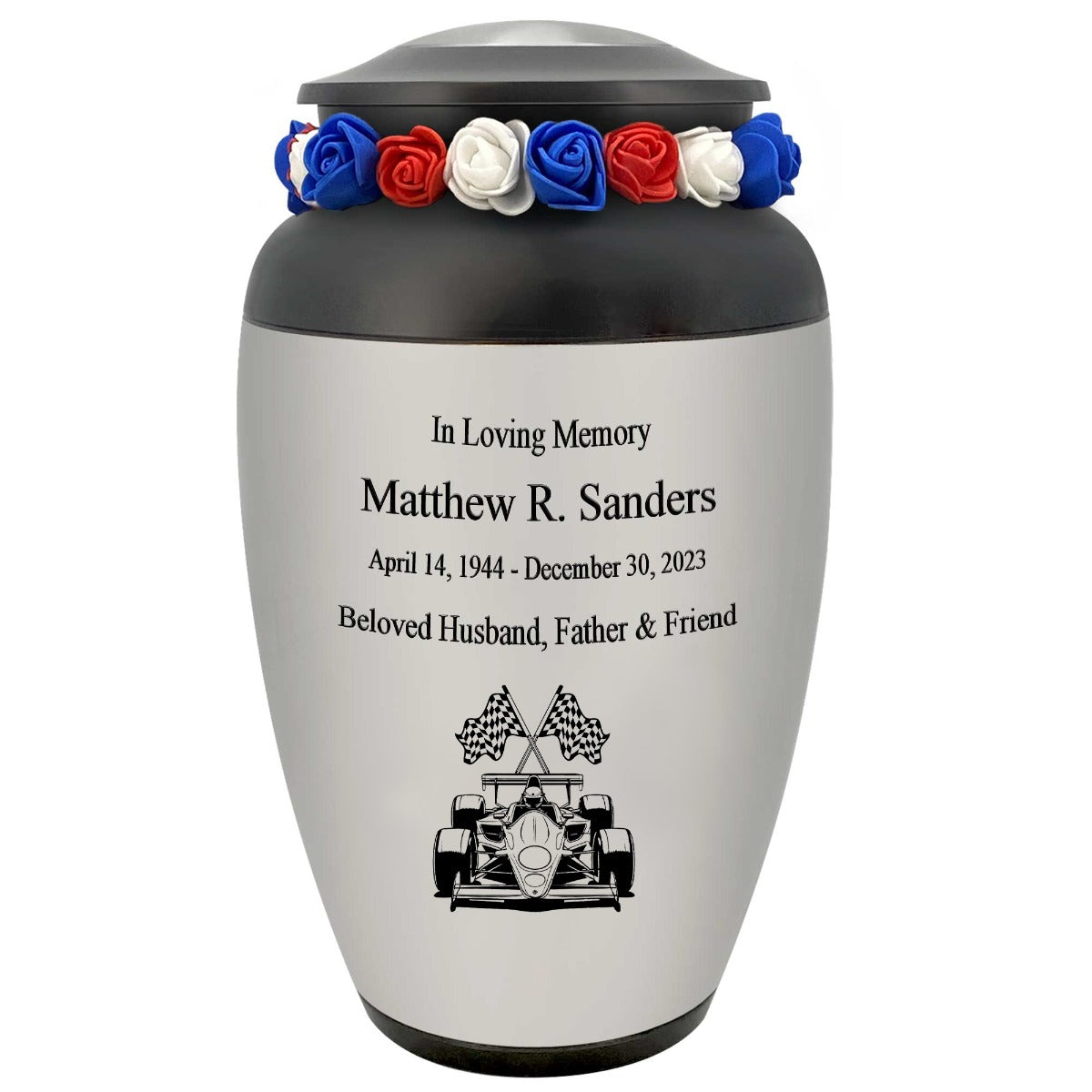 Formula One Pewter Adult Cremation Urn - Tribute Wreath™ - Pro Personalization - Burial Vault Option