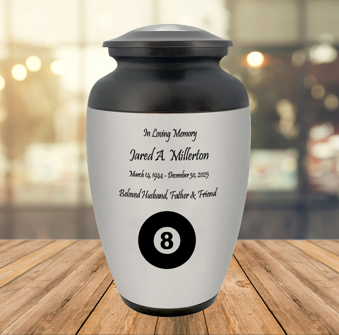 8 Ball Pewter Adult Cremation Urn - Tribute Wreath™ - Pro Personalization - Burial Vault Option