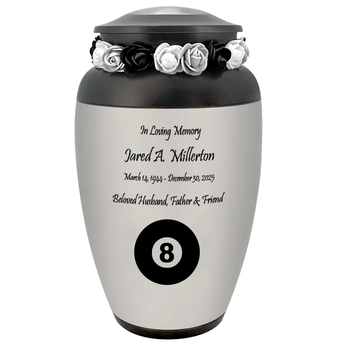 8 Ball Pewter Adult Cremation Urn - Tribute Wreath™ - Pro Personalization - Burial Vault Option