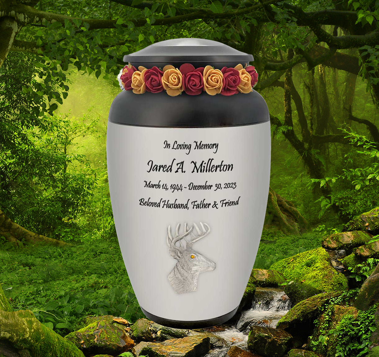 Buck Deer Adult Cremation Urn - Large Deer Hunters Urn - Tribute Wreath™ - Pro Personalization - Burial Vault Option