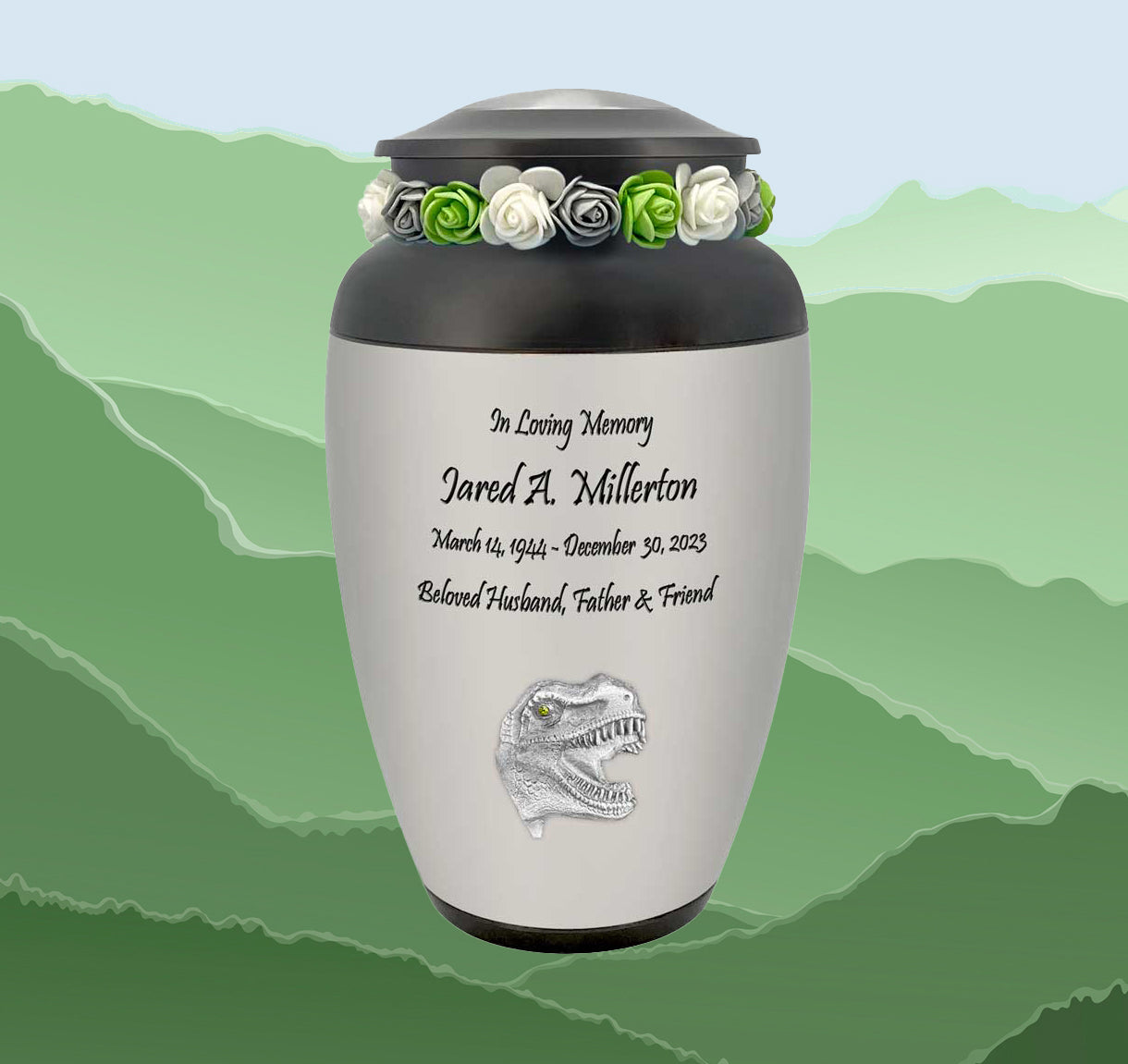 Dinosaur Tyrannosaurus Rex Medallion Cremation Urn  - Tribute Wreath™ - Pro Personalization - Burial Vault Option