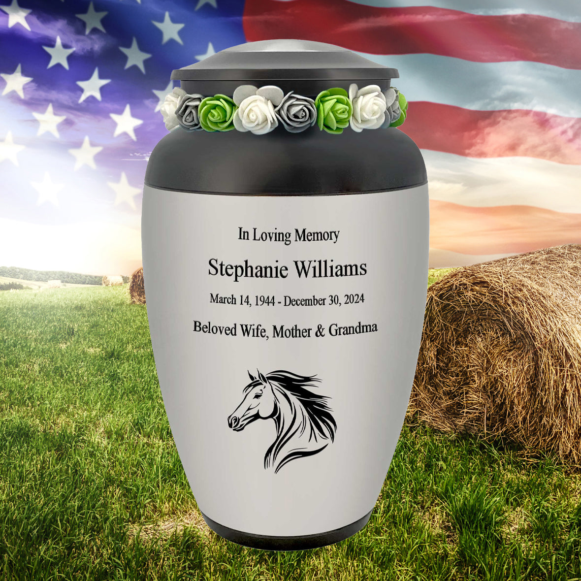 Spirited Horse Adult Cremation Urn - Tribute Wreath™ - Pro Personalization - Burial Vault Option