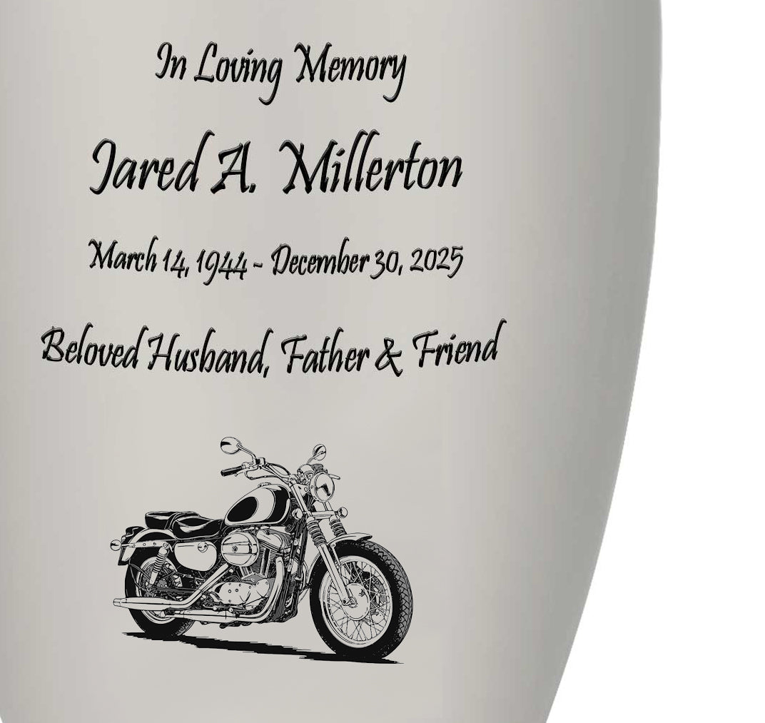Motorcycle Pewter Adult Cremation Urn - Tribute Wreath™ - Pro Personalization - Burial Vault Option