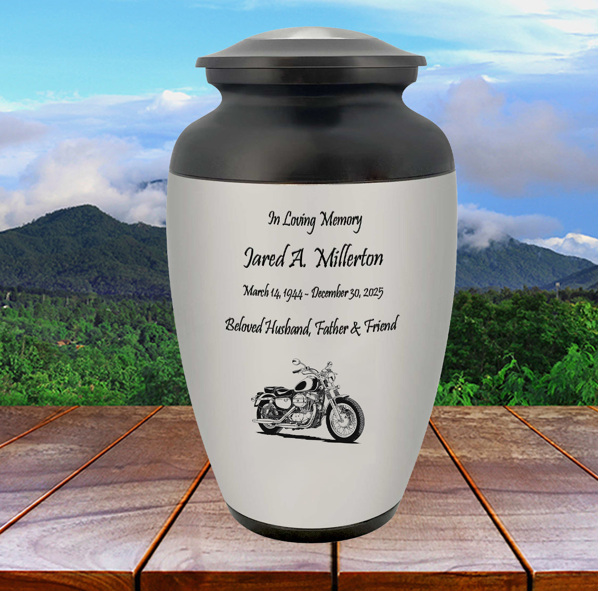 Motorcycle Pewter Adult Cremation Urn - Tribute Wreath™ - Pro Personalization - Burial Vault Option
