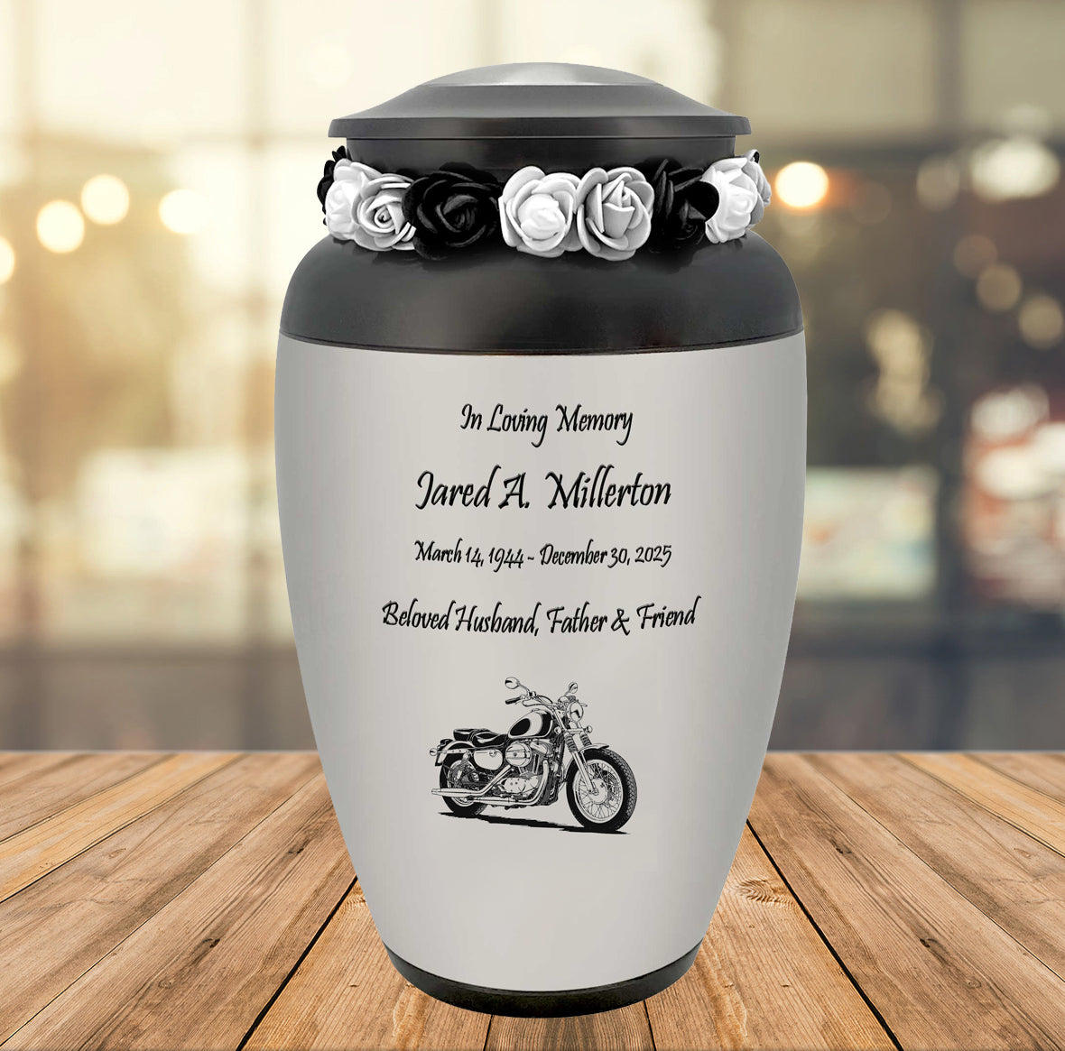Motorcycle Pewter Adult Cremation Urn - Tribute Wreath™ - Pro Personalization - Burial Vault Option