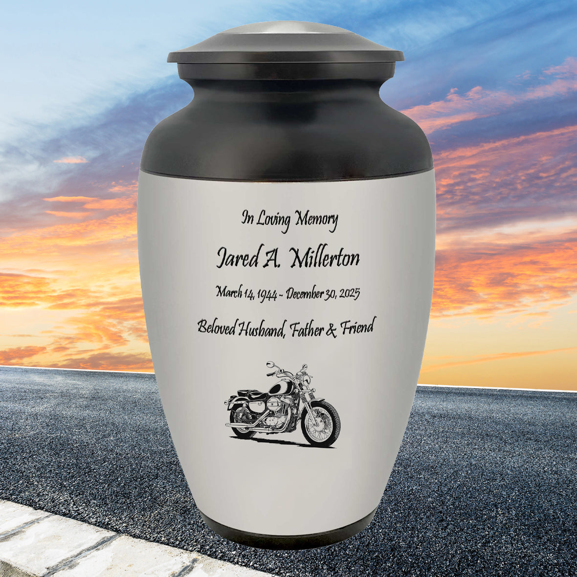 Motorcycle Pewter Adult Cremation Urn - Tribute Wreath™ - Pro Personalization - Burial Vault Option