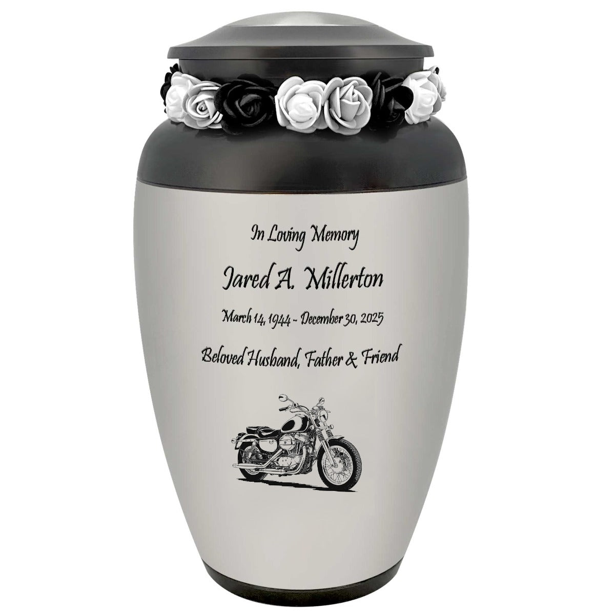 Motorcycle Pewter Adult Cremation Urn - Tribute Wreath™ - Pro Personalization - Burial Vault Option