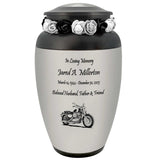 Motorcycle Pewter Adult Cremation Urn - Tribute Wreath™ - Pro Personalization - Burial Vault Option