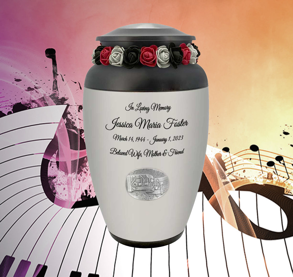Musical Notes Cremation Urn - Adult Music Memorial - Tribute Wreath™ - Pro Personalization - Burial Vault Option