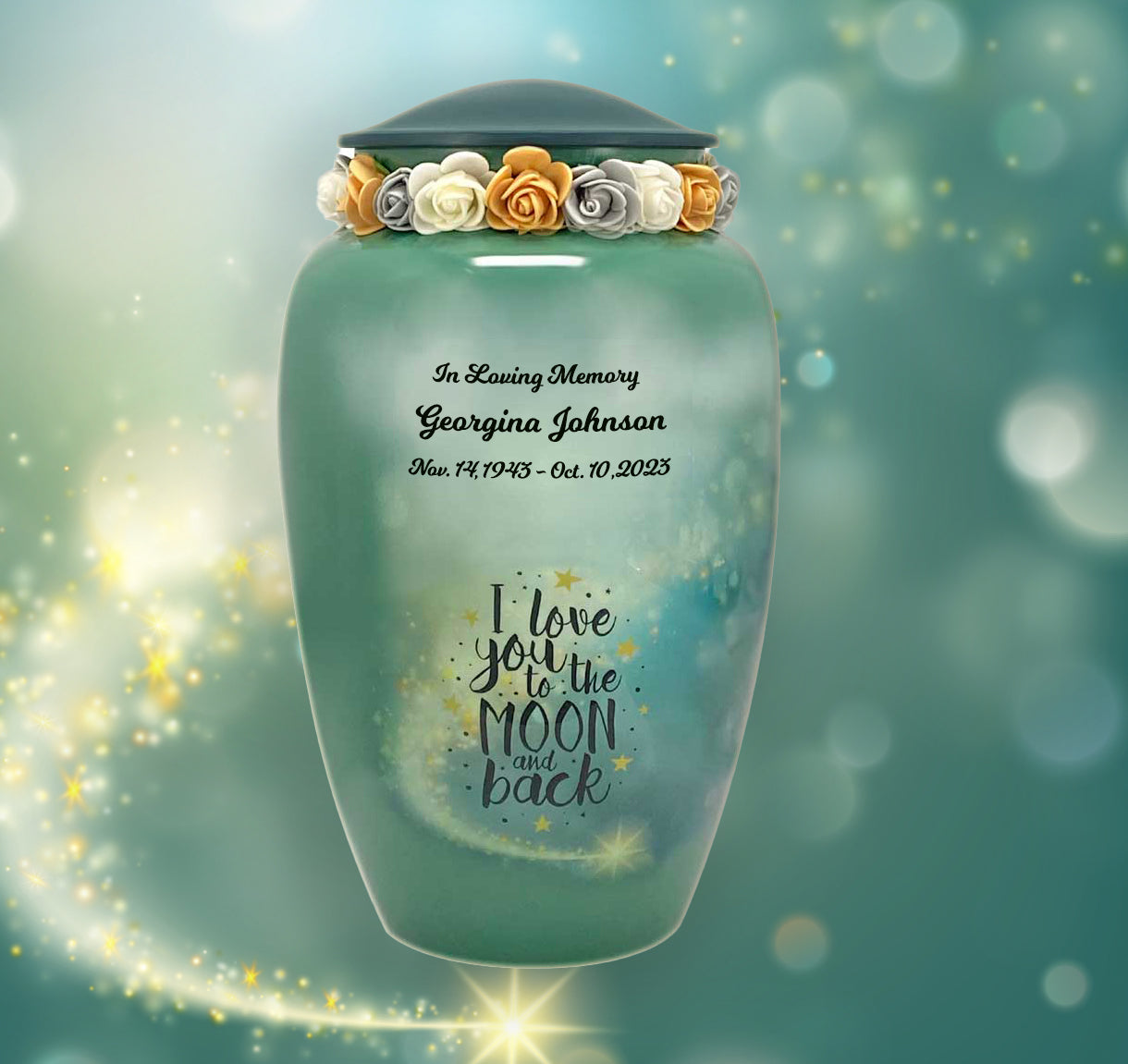I Love You To The Moon And Back Medium or Adult Cremation Urn - Tribute Wreath™ - Pro Personalization - Burial Vault Option