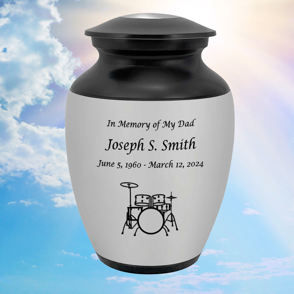 Drum Set Medium Urn - Free Engraving - Holds Half the Ashes of an Adult - Tribute Wreath Option™