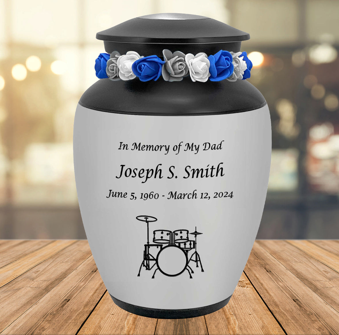 Drum Set Medium Urn - Free Engraving - Holds Half the Ashes of an Adult - Tribute Wreath Option™