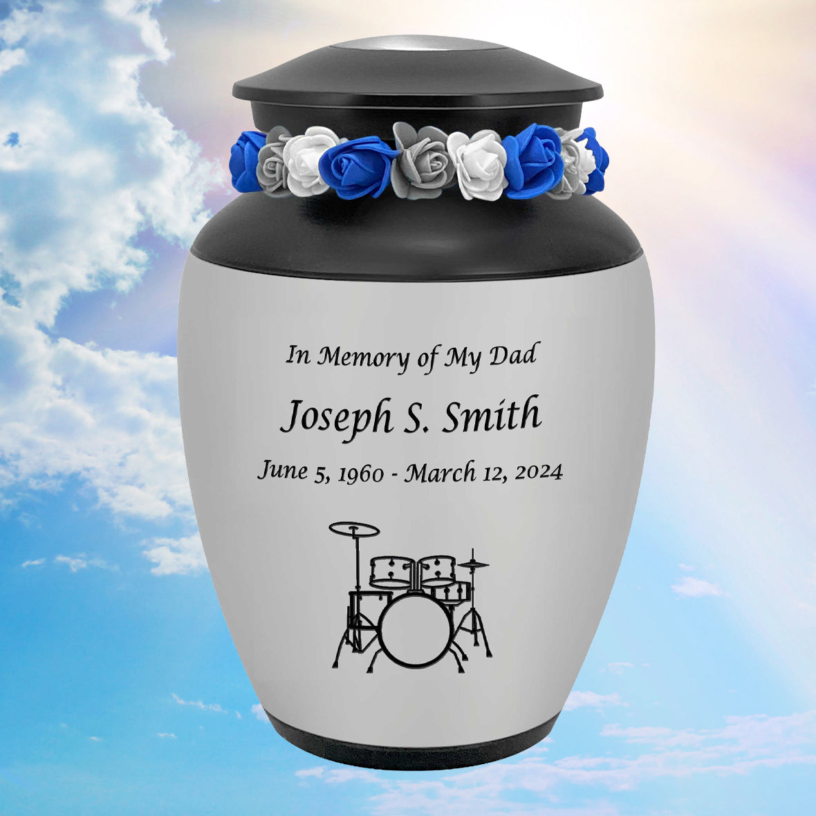 Drum Set Medium Urn - Free Engraving - Holds Half the Ashes of an Adult - Tribute Wreath Option™