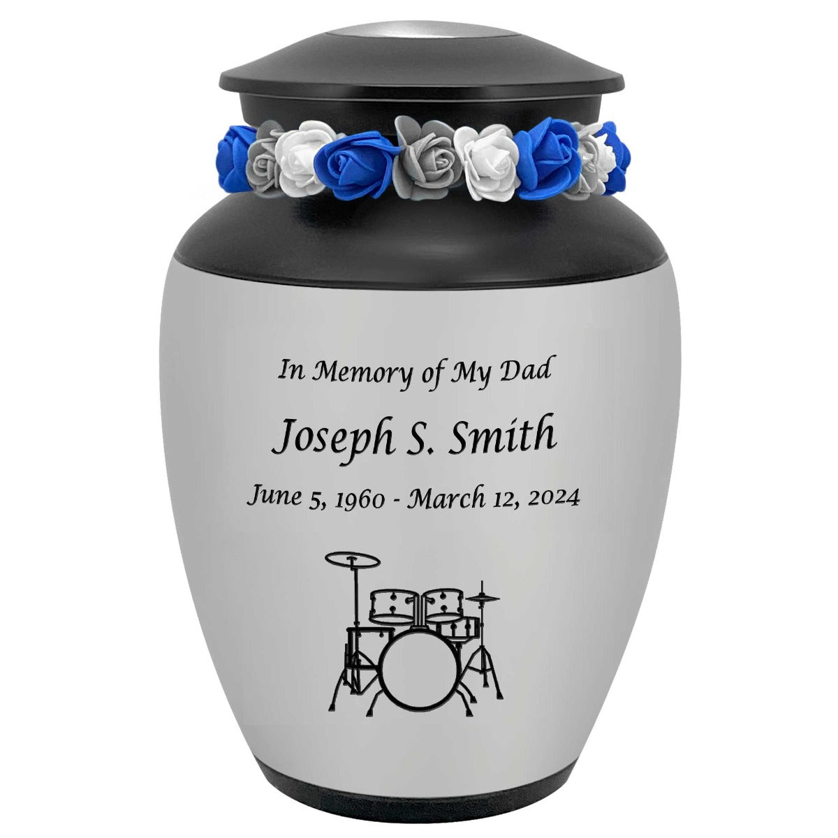 Drum Set Medium Urn - Free Engraving - Holds Half the Ashes of an Adult - Tribute Wreath Option™