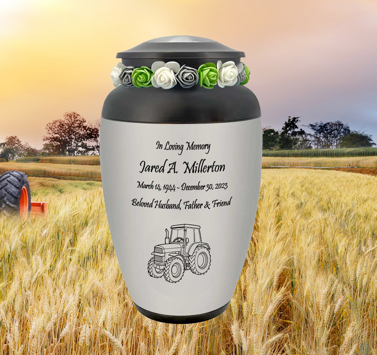 Farmer Tractor Medallion Cremation Urn - Adult Working Farm Tribute - Tribute Wreath™ - Pro Personalization - Burial Vault Option