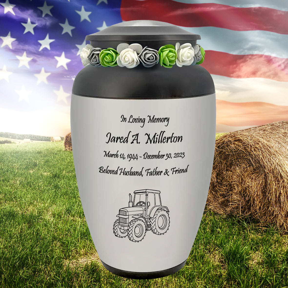 Farmer Tractor Medallion Cremation Urn - Adult Working Farm Tribute - Tribute Wreath™ - Pro Personalization - Burial Vault Option