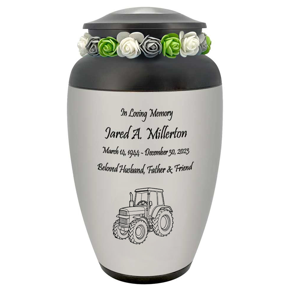 Farmer Tractor Medallion Cremation Urn - Adult Working Farm Tribute - Tribute Wreath™ - Pro Personalization - Burial Vault Option