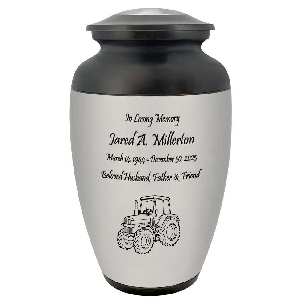 Farmer Tractor Medallion Cremation Urn - Adult Working Farm Tribute - Tribute Wreath™ - Pro Personalization - Burial Vault Option