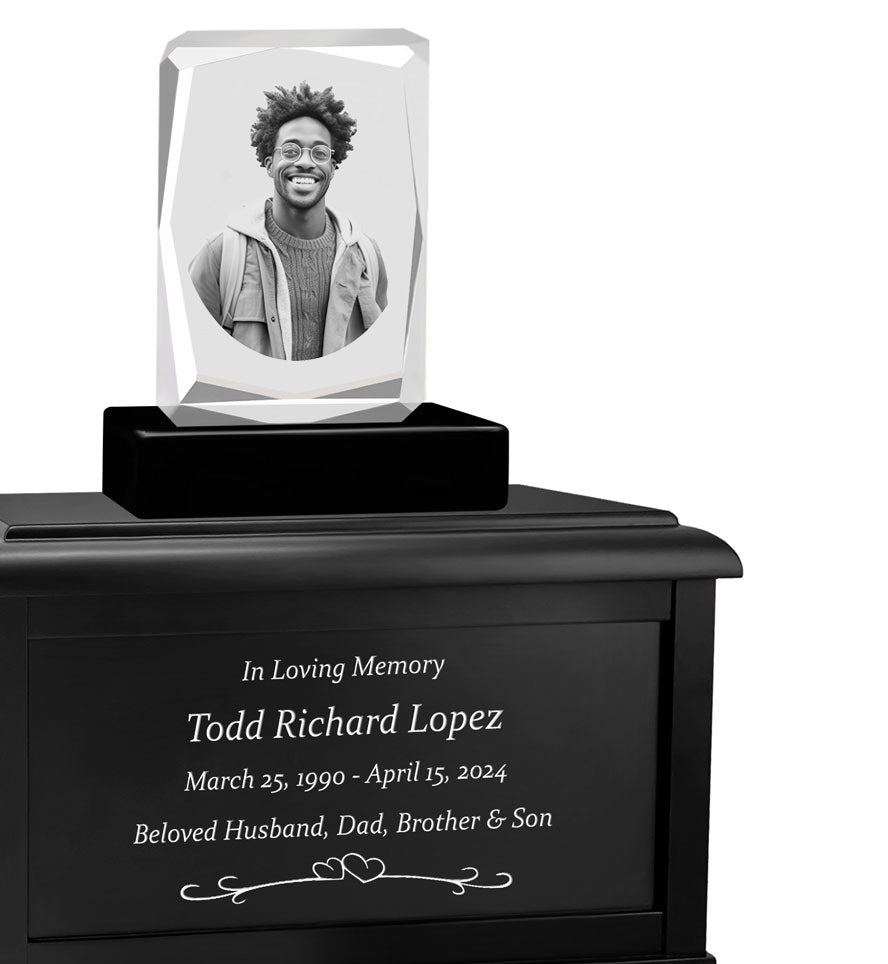 Ultra Faceted Rectangle 3D Crystal Black, Brown or White Keep The Memory® Wood Urn Set - 3D Crystal Photo Engraved Wood Urn