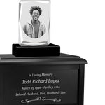 Ultra Faceted Rectangle 3D Crystal Black, Brown or White Keep The Memory® Wood Urn Set - 3D Crystal Photo Engraved Wood Urn