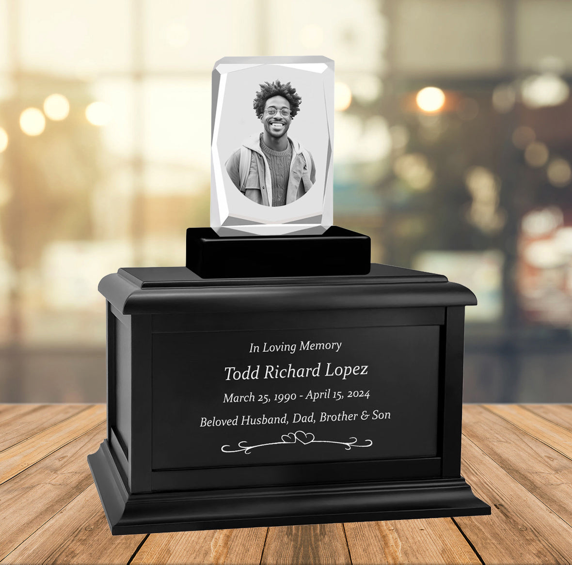 Ultra Faceted Rectangle 3D Crystal Black, Brown or White Keep The Memory® Wood Urn Set - 3D Crystal Photo Engraved Wood Urn