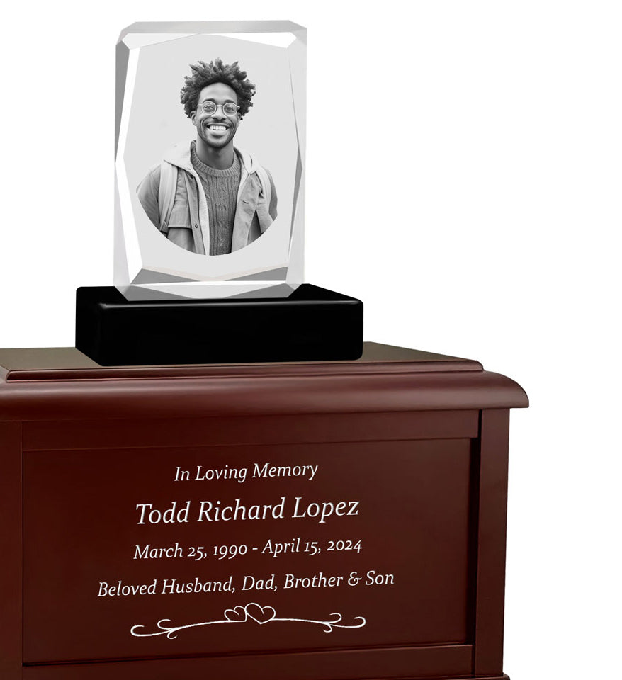Ultra Faceted Rectangle 3D Crystal Black, Brown or White Keep The Memory® Wood Urn Set - 3D Crystal Photo Engraved Wood Urn