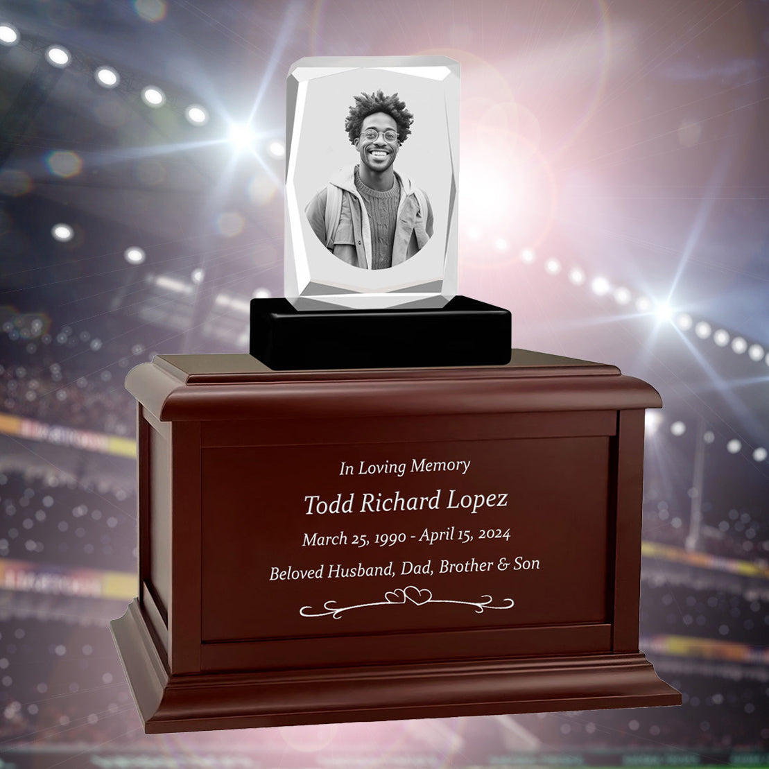Ultra Faceted Rectangle 3D Crystal Black, Brown or White Keep The Memory® Wood Urn Set - 3D Crystal Photo Engraved Wood Urn