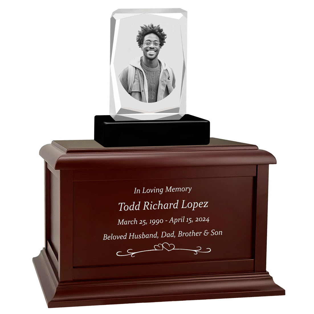 Ultra Faceted Rectangle 3D Crystal Black, Brown or White Keep The Memory® Wood Urn Set - 3D Crystal Photo Engraved Wood Urn