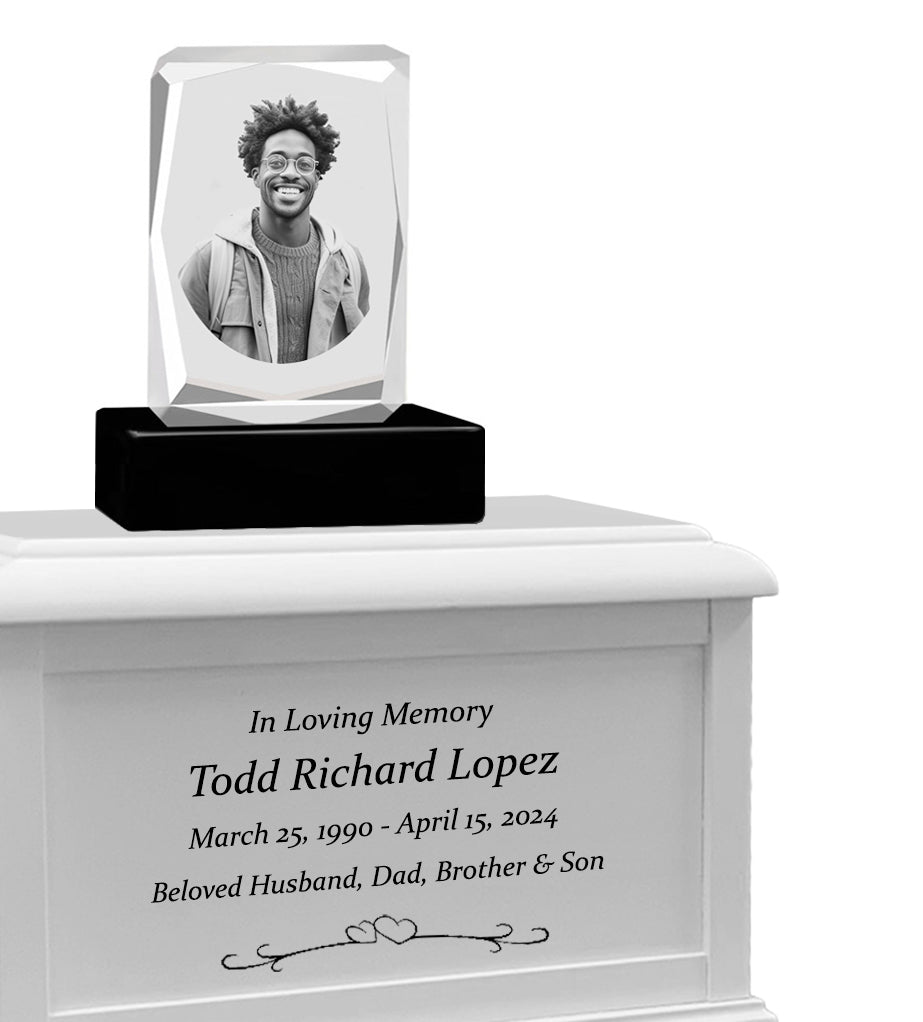 Ultra Faceted Rectangle 3D Crystal Black, Brown or White Keep The Memory® Wood Urn Set - 3D Crystal Photo Engraved Wood Urn