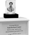 Ultra Faceted Rectangle 3D Crystal Black, Brown or White Keep The Memory® Wood Urn Set - 3D Crystal Photo Engraved Wood Urn