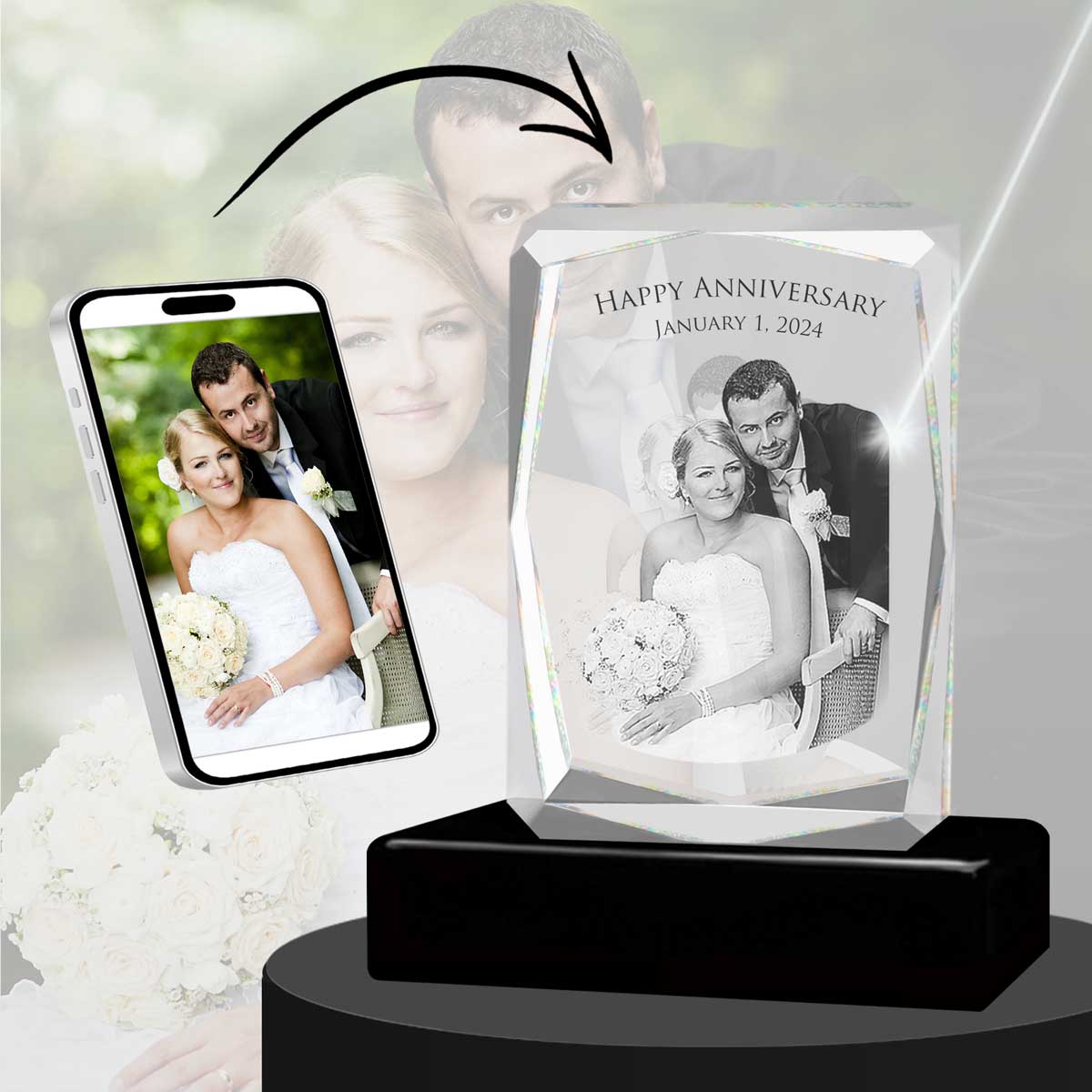 3D Crystal Large Ultra Faceted Portrait Photo - Engraving & Light Base Options