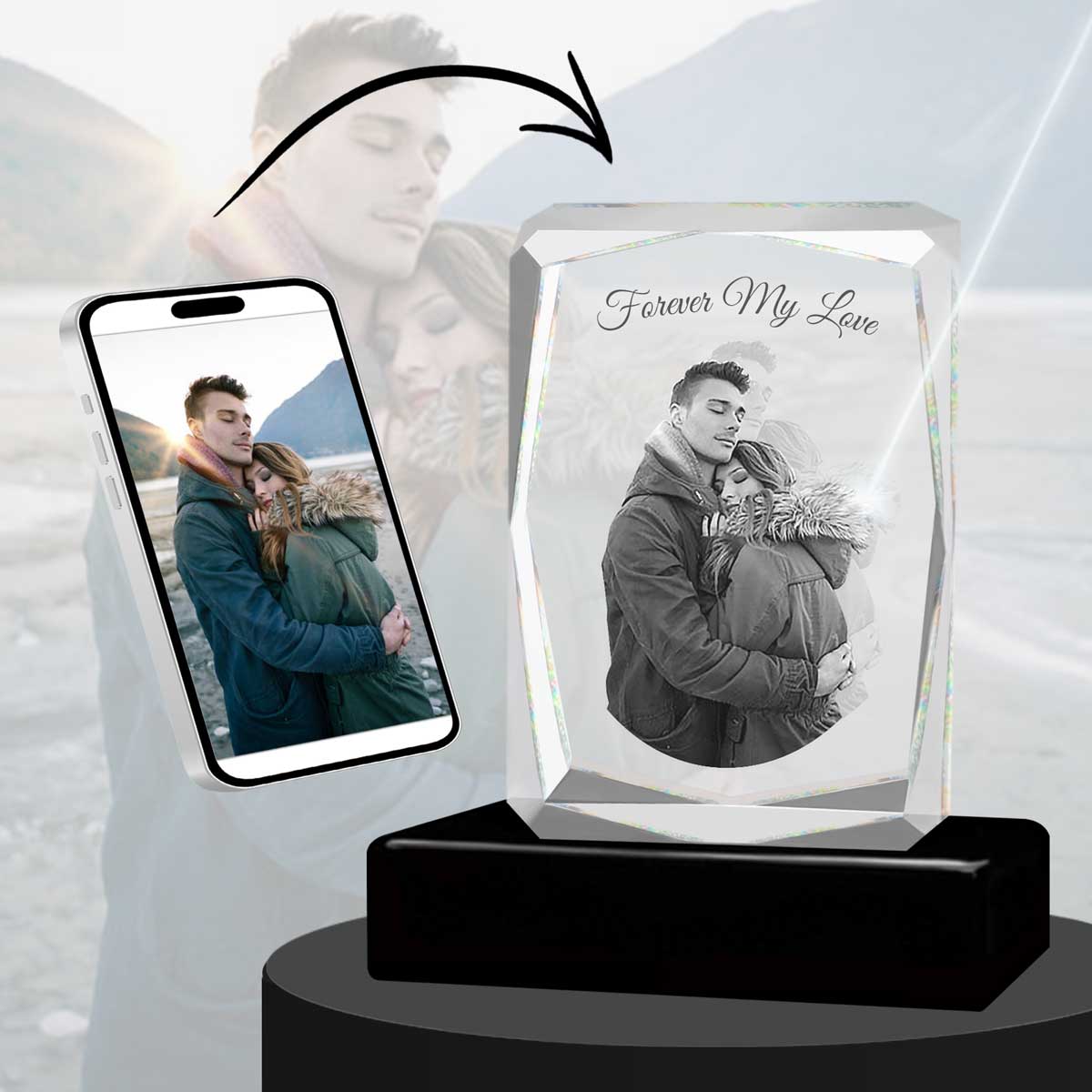3D Crystal Large Ultra Faceted Portrait Photo - Engraving & Light Base Options