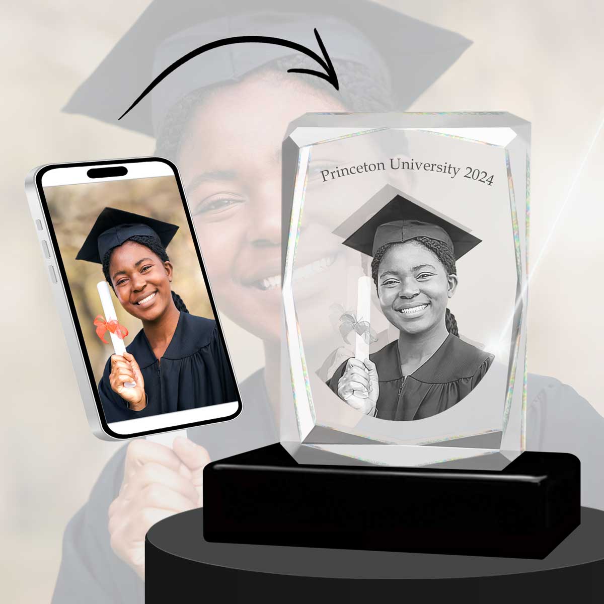 3D Crystal Large Ultra Faceted Portrait Photo - Engraving & Light Base Options