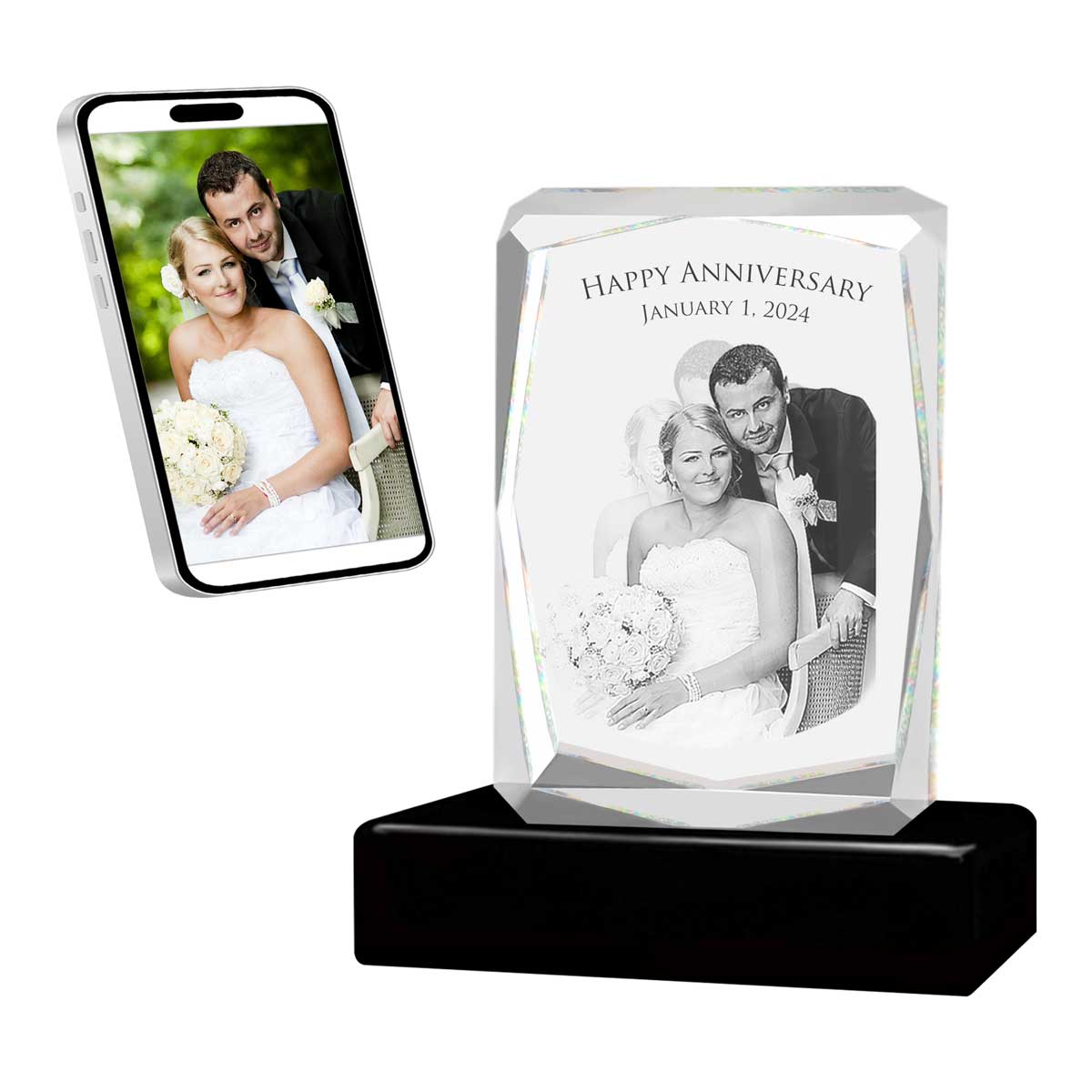 3D Crystal Large Ultra Faceted Portrait Photo - Engraving & Light Base Options
