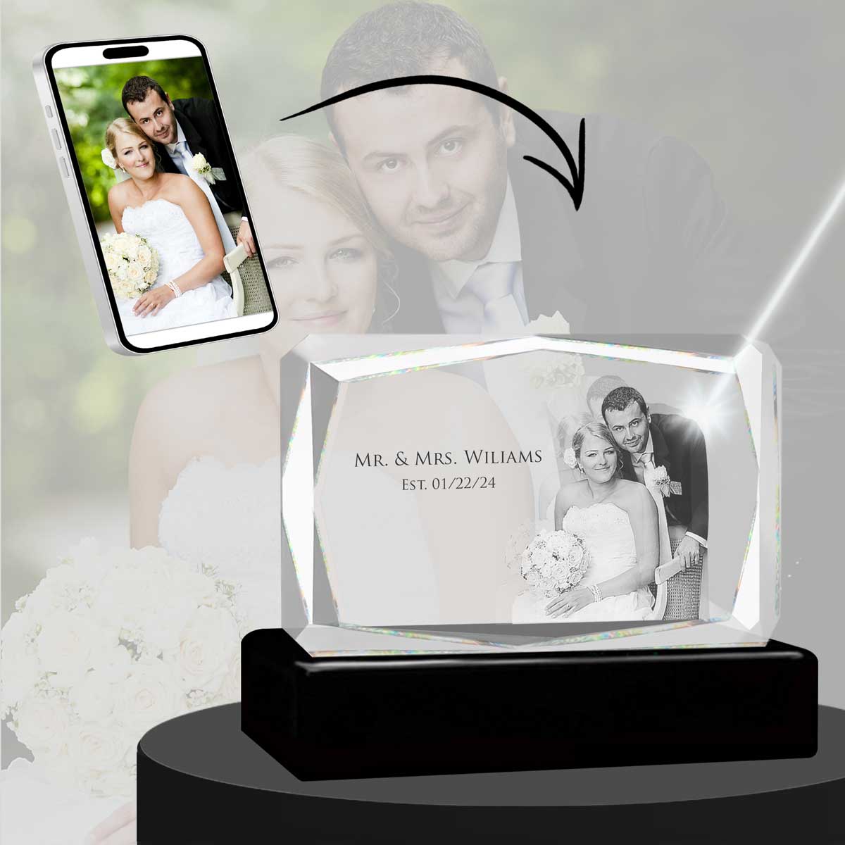 3D Crystal Large Ultra Faceted Landscape Photo - Engraving & Light Base Options