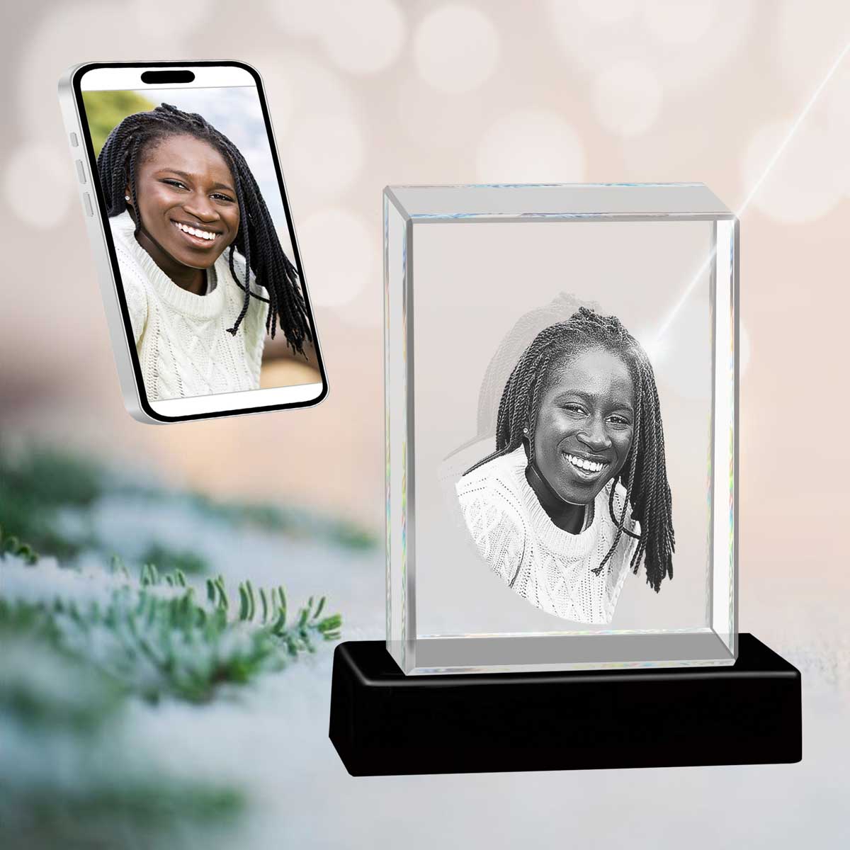 3D Crystal Large Ultra Rectangle Portrait Photo - Engraving & Light Base Options