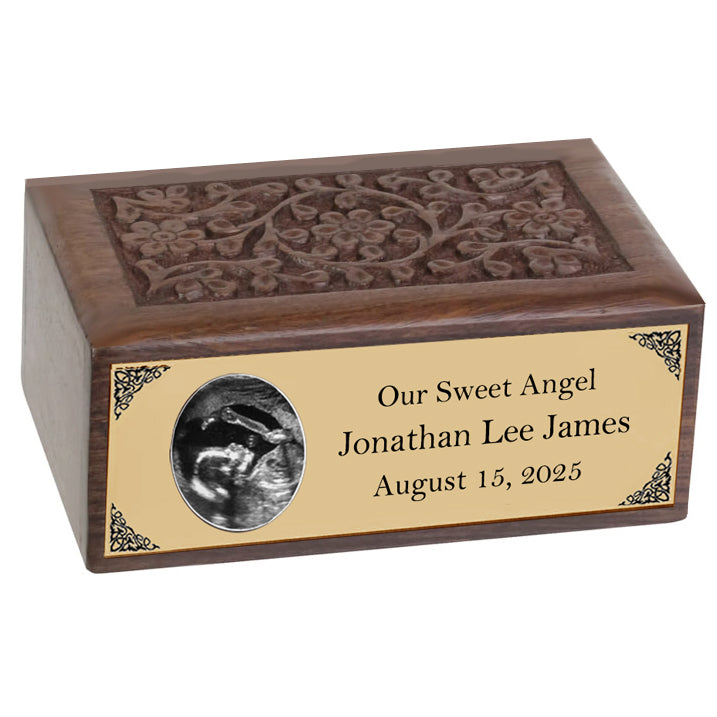 Ultra Sound Photo Gold Plate Floral Wood Urn - Free Photo & Engraving