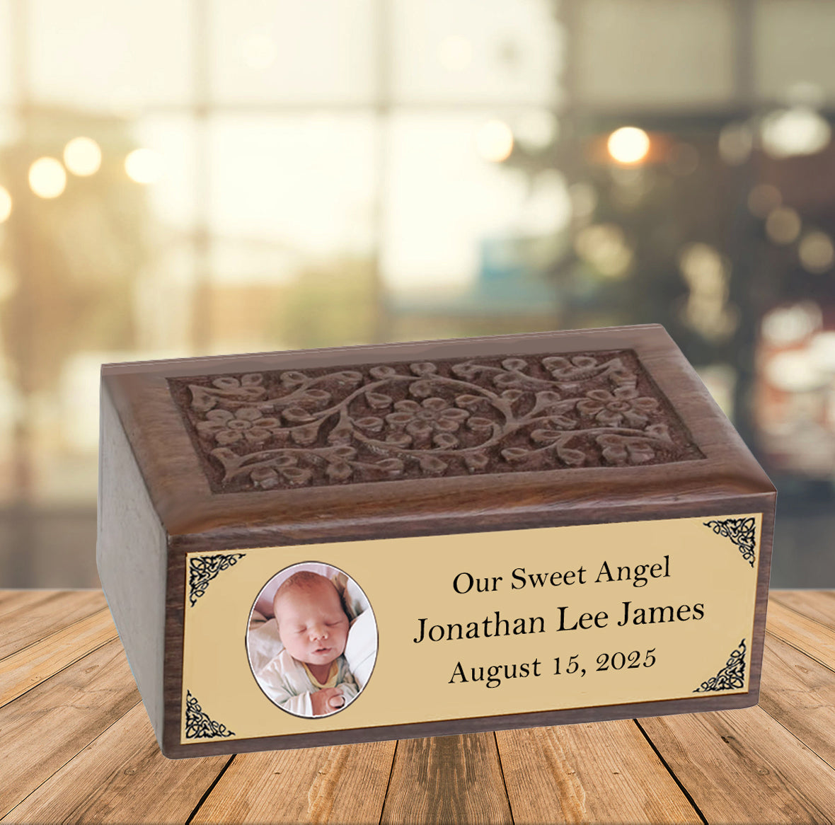 Infant Photo Gold Plate Floral Wood Urn - Free Photo & Engraving