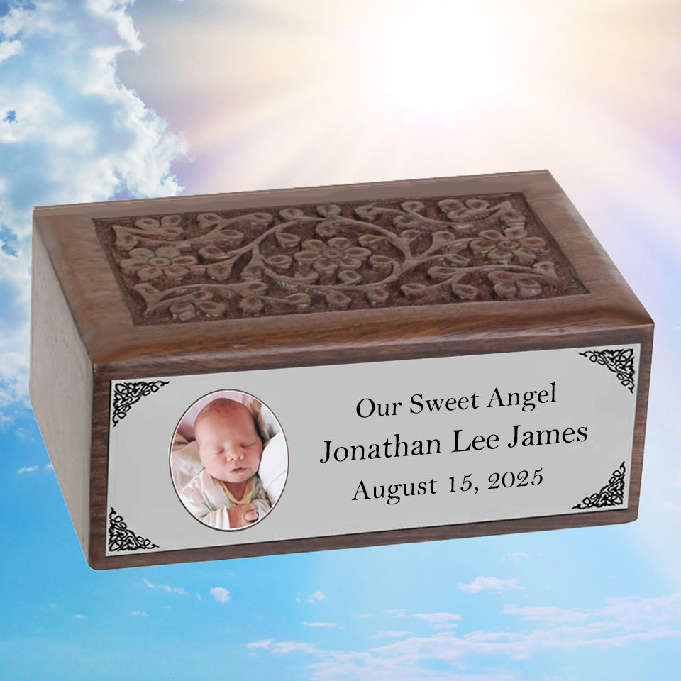 Infant Photo Pewter Plate Floral Wood Urn - Free Photo & Engraving