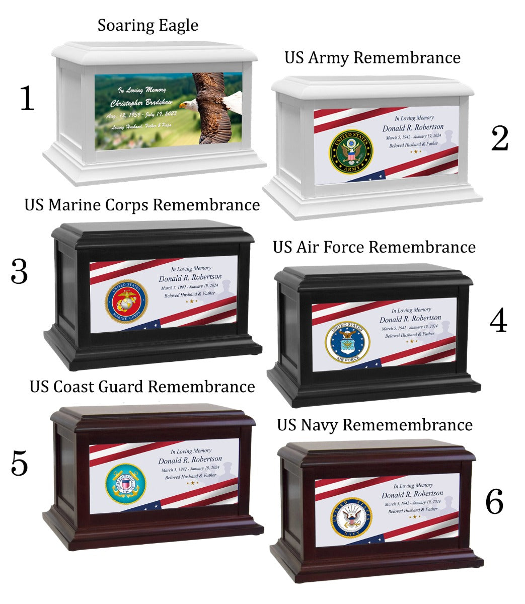 US Armed Forces Army, Navy, Marine Corps , Air Force, Coast Guard Adult or Medium Wood Keep The Memory® Cremation Urn