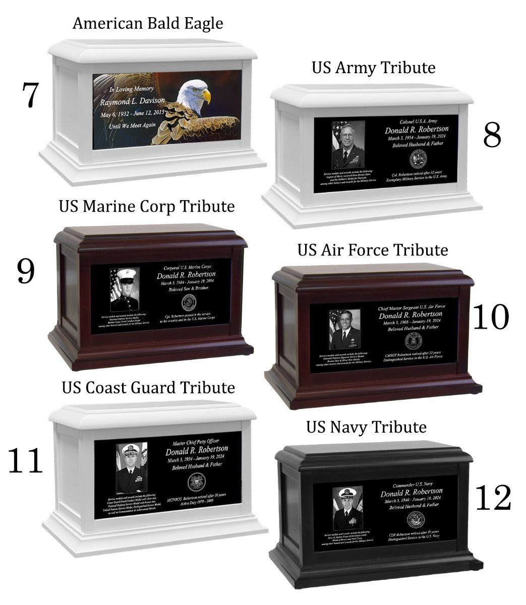 US Armed Forces Army, Navy, Marine Corps , Air Force, Coast Guard Adult or Medium Wood Keep The Memory® Cremation Urn