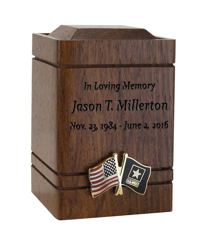 Unity USA & US Army Flags Walnut Keepsake Urn - Small Wooden Urn 