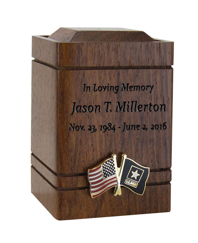 Unity USA & US Army Flags Walnut Keepsake Urn - Small Wooden Urn 